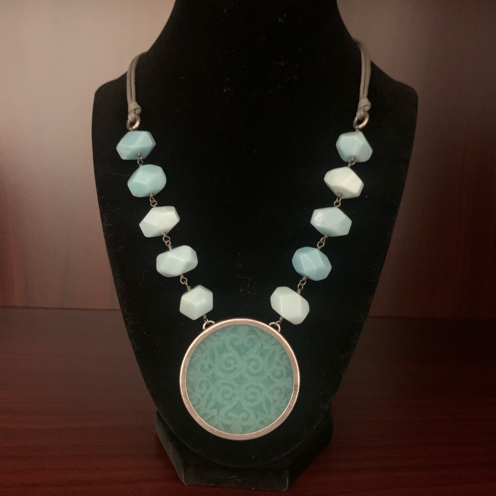 Silpada Blue Quartzite Etched Medallion Necklace.